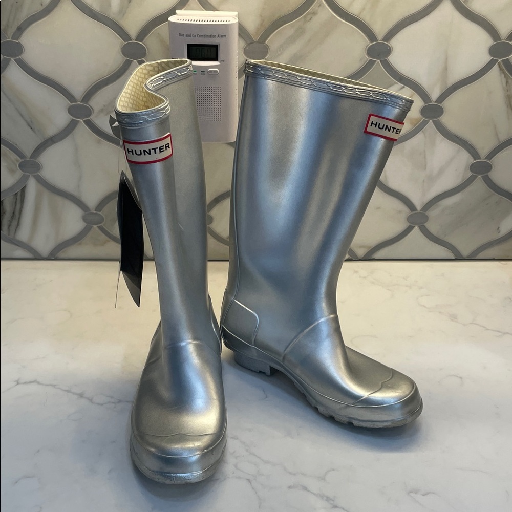 Hunter Metallic Silver Knee-High Rain Boots